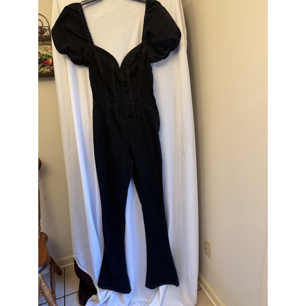 We The Free Free People Blk Short Sleeve Sweetheart Neckline Denim Jumpsuit  XS